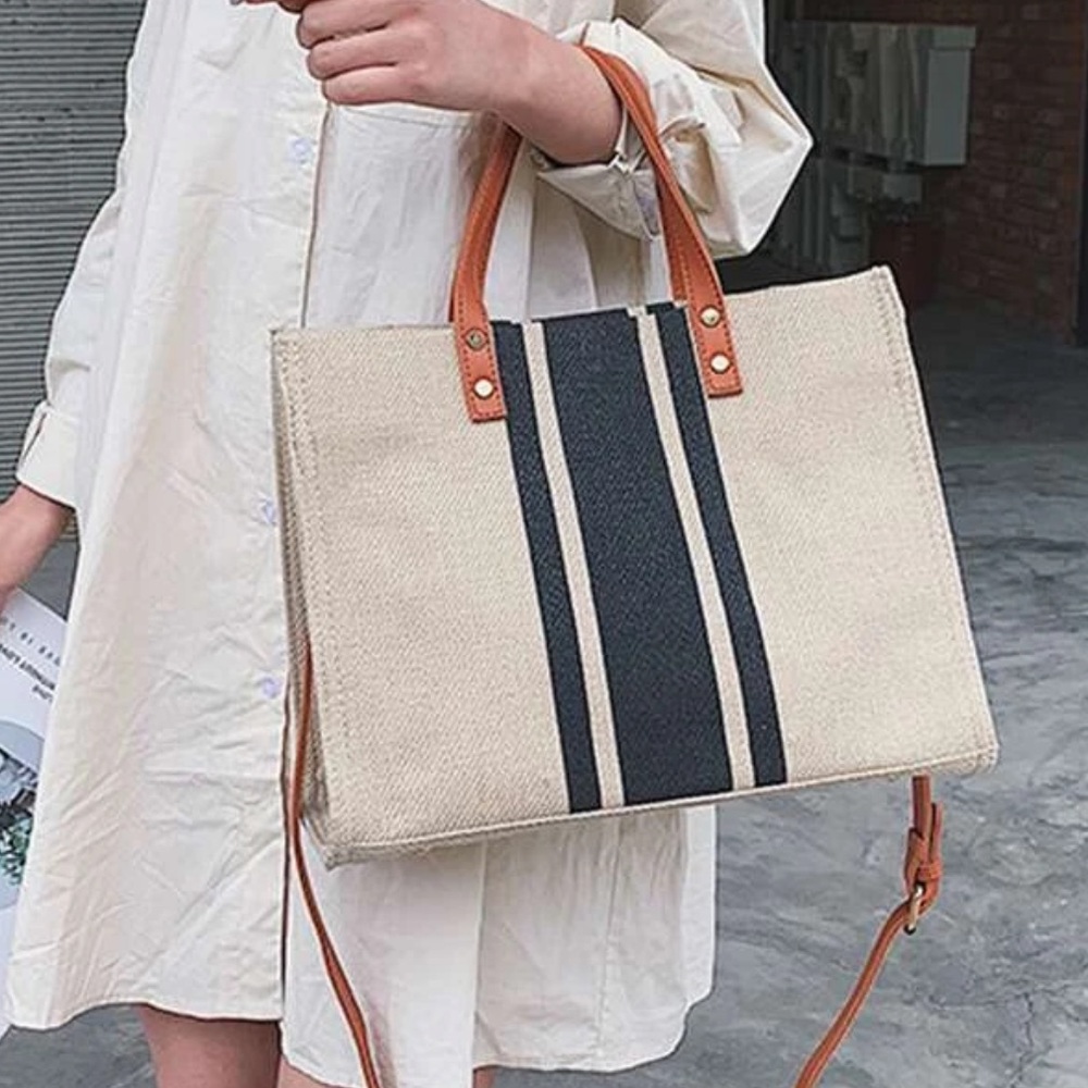 Striped satchel bag neutral tan black brown - Picture 2 of 6